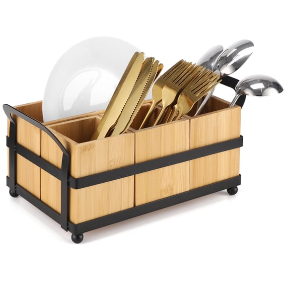 Silverware Caddy for Party, Wooden Kitchen Utensil Caddy with 4 Removable Compartments, Countertop Cutlery Flatware Organizer for Plates, Knives, Spoons, Forks, Napkins