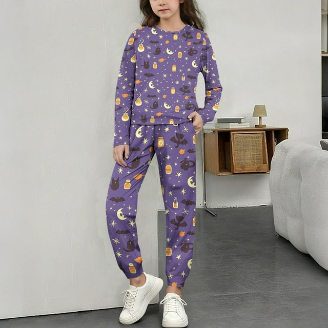 MKOSPLRT Pyjamas d'Halloween pour Tout-Petits Filles Garçons Vêtements de Nuit Ensembles 2 Pcs Manches Longues Col Ras du Cou Hauts Bas de Pyjama Tenue de Détente des Fêtes 3-15 Ans