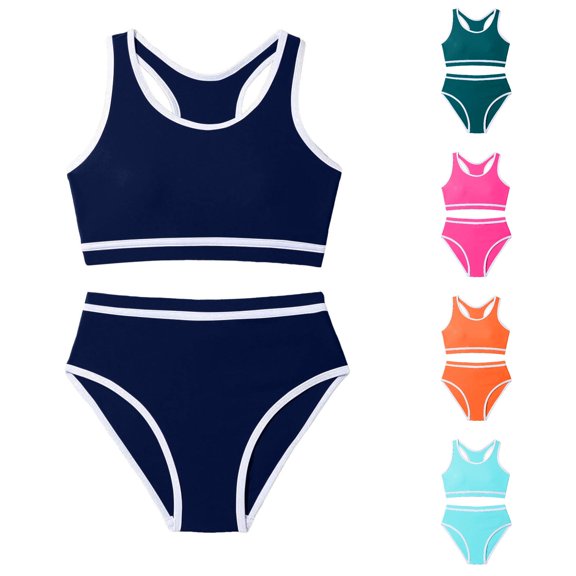 XIYON Kids Girls 2 Piece Swimsuit Sleeveless Round Neck Color Block Top And Bottoms Comfortable Fashion Swimwear For Beach And Pool,Navy,S