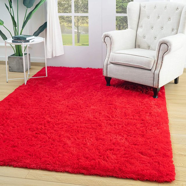 LAICAIW Premium Velvet Fluffy Area Rug Plush Soft Carpet for Bedroom Living Room, Extra Comfy Furry Rugs Modern Solid Color Cute Carpets, 5x8 Feet Red