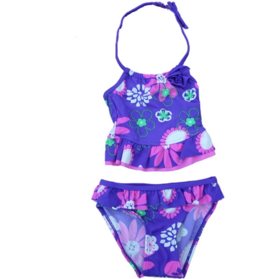 CT KIDZ Infant Girls Purple & Pink Flower 2 PC Halter Swim Suit Swimming 18m