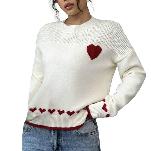 Dagegui Cute Heart Pattern Sweater for Women Casual Crewneck Pullover Preppy Long Sleeve Knit Jumper Tops White,M