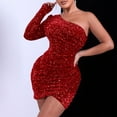 thumbnail image 2 of Elainilye Fashion Sequin Dress for Women Solid Sequins Thin One Shoulder Long Sleeve Prom Dress Party Club Dress,Red, 2 of 6