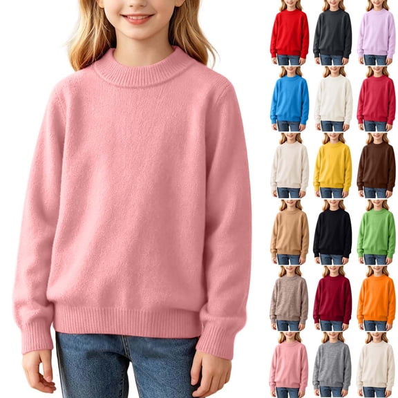 ZBSOKO Sweaters for Teen Girls Crew Neck Solid Color Pullover Regular Fit Classic Knit Sweater Warm Fall Winter Clothes Sizes 1-13 Years