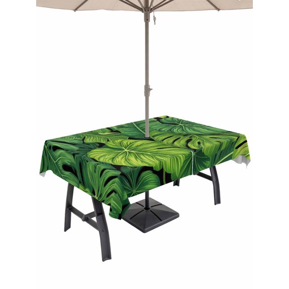 Outdoor Tablecloth with Umbrella Hole for Patio/Picnic/Party/Camping, Tropical Palm Leaves Waterproof Table Cloth Rectangle Table Cover Washable, Summer Green Botanical Leaf (52"x 70")
