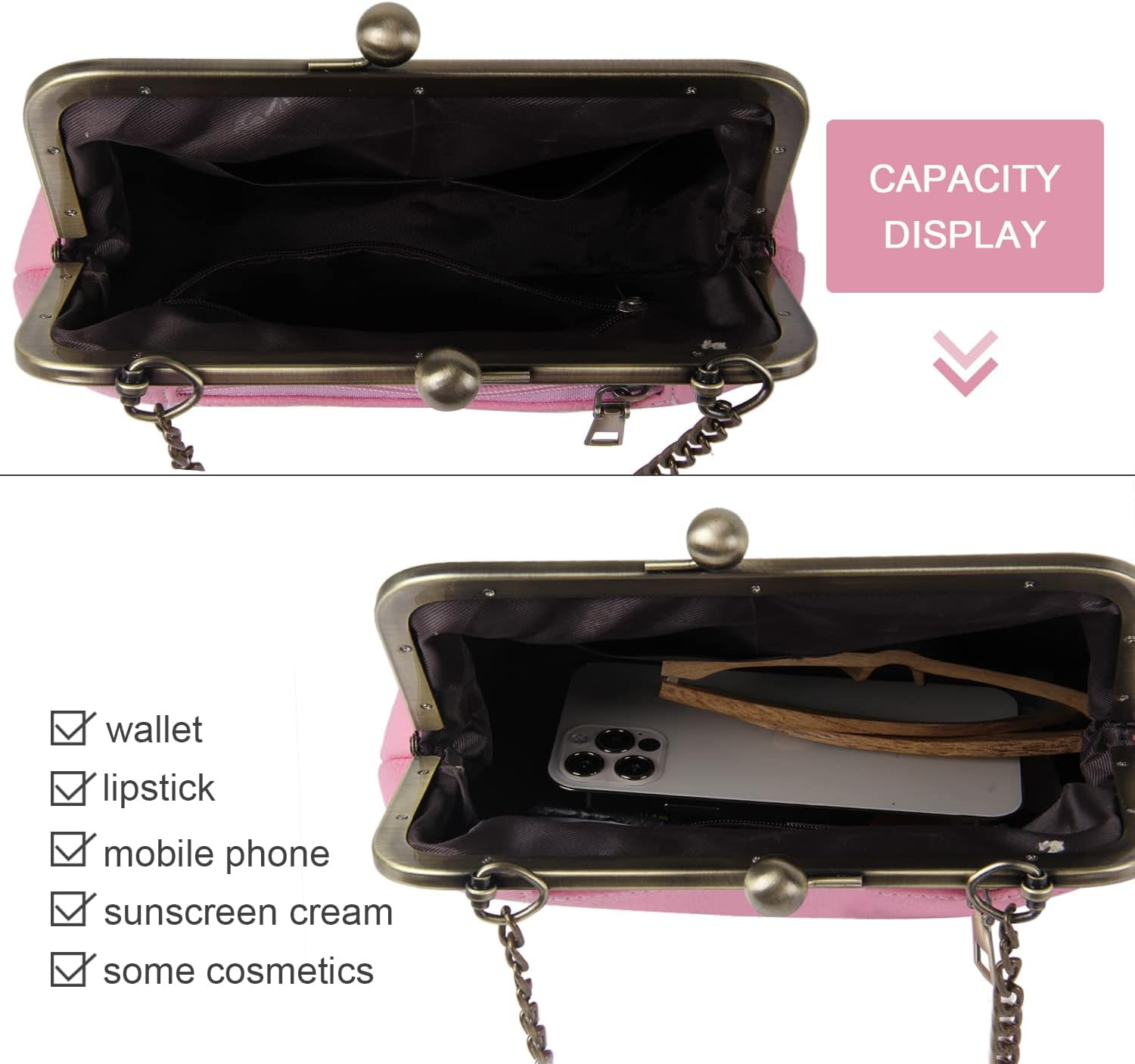Gioobbt Leather Kiss Lock Clutch with Chain Strap Shoulder Bag Wallet, Bronze