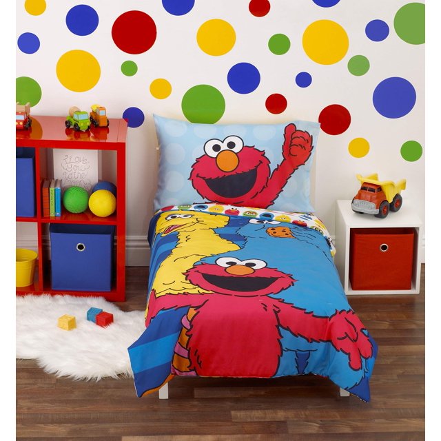 Sesame Street Ensemble de Lit pour Tout-Petits 4 Pcs Bleu, Rouge, Jaune - Couette, Drap-Housse, Drap Plat, Taie d'Oreiller Réversible
