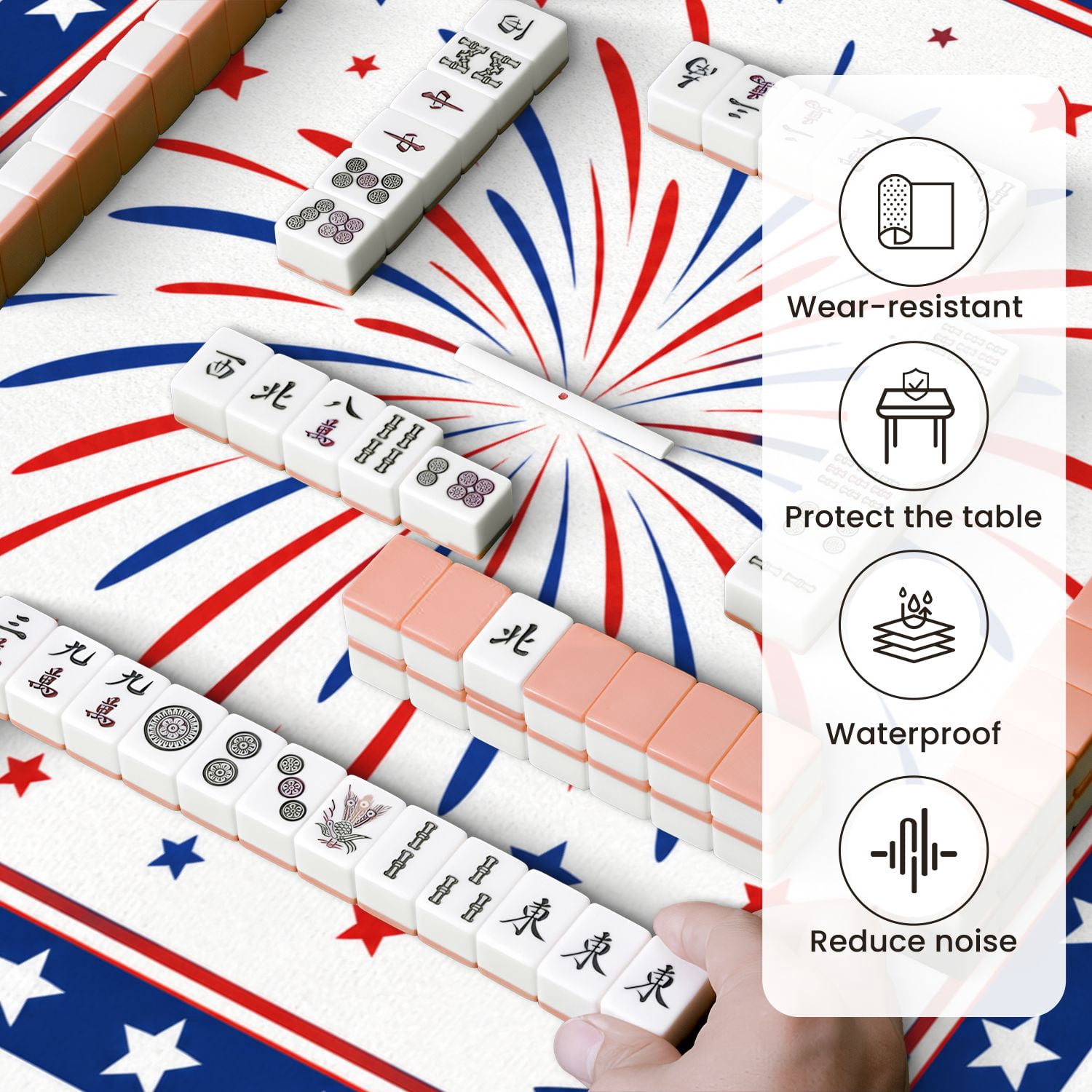 Mahjong Mat 31.5" x 31.5" Red White Blue Patriotic Fireworks Star Border Decorative Bows Non-Slip Noise Reduction Mahjong Tiles Table Cover for Dominoes Poker Card Board and Tile Games