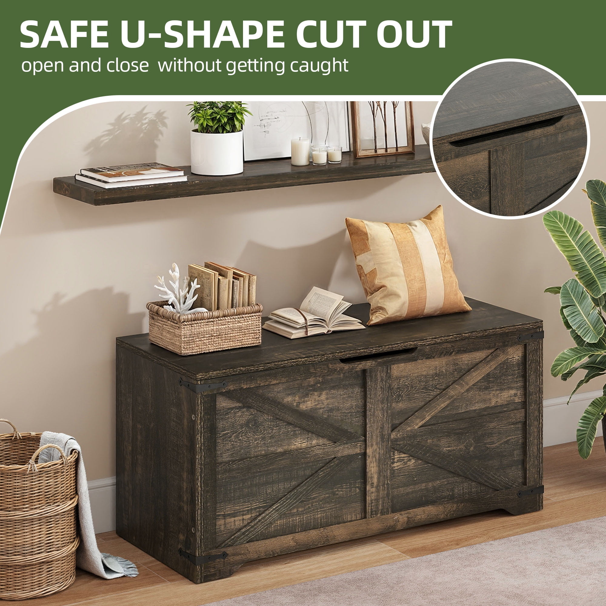 Uforic 39.4" Farmhouse Storage Bench, Wooden Chest with Safety Hinges, Shoe Organizer for Entryway - Rustic Brown