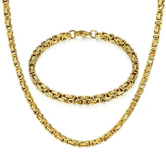Lovelords 14k Yellow Gold  Jewelry Set Hip Hop Byzantine Chain Bracelet & Necklace Set For Men Men Jewelry