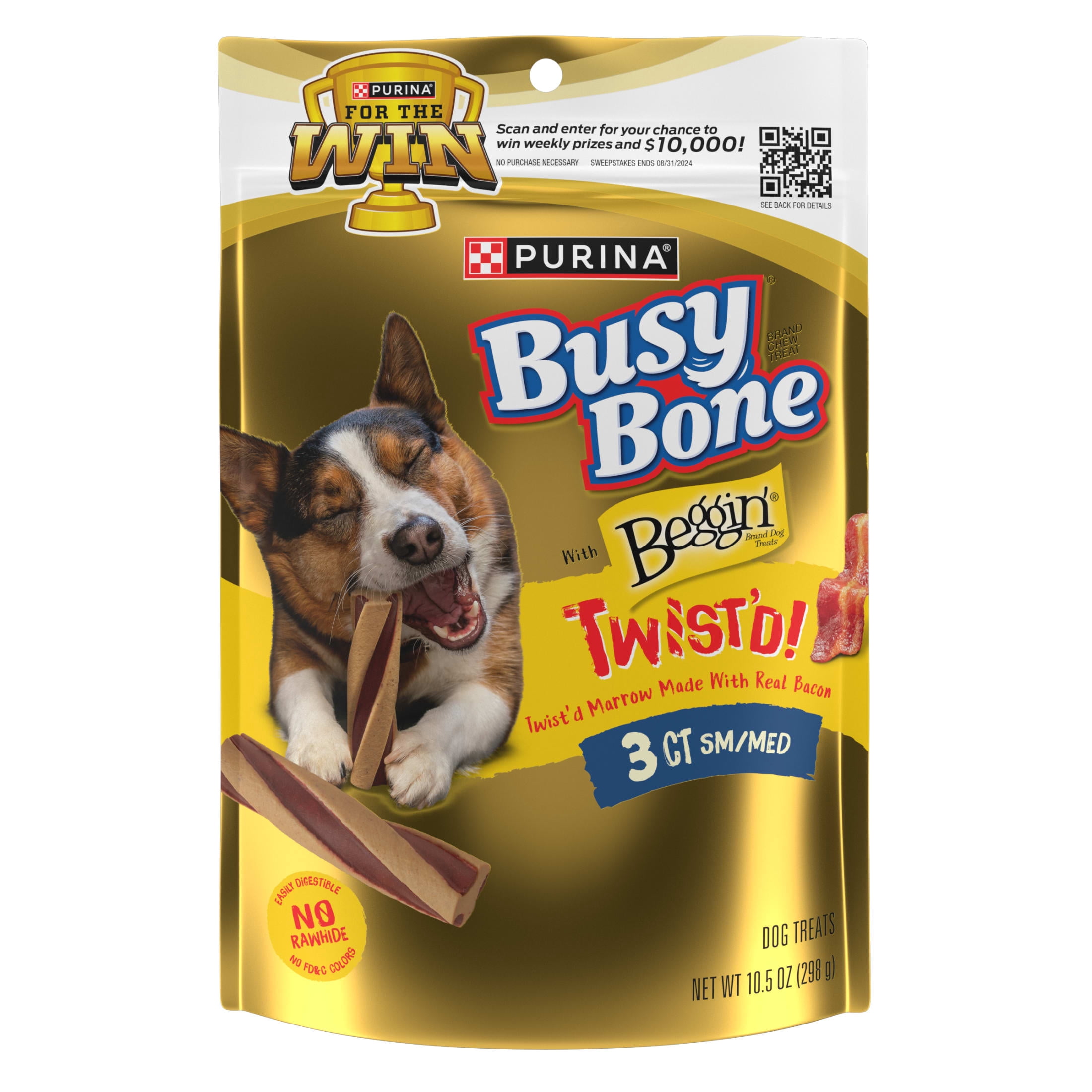 (4 pack) Purina Busy Bone with Beggin' Twist'd Small & Medium Dog Treats with Bacon, 10.5 oz Pouch (3 Count)