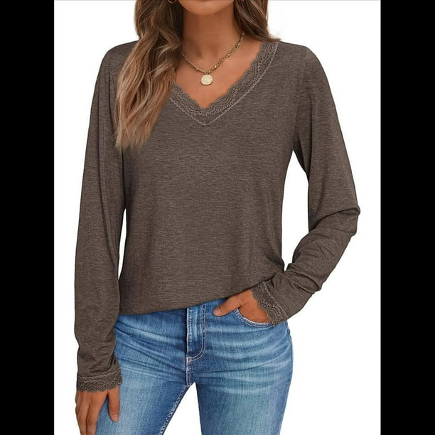 Camisetas con Cuello en V para Mujer, Blusas de Encaje de Larga, Holgadas, Elegantes e Informales, para Otoño e Invierno, A . Color Café S