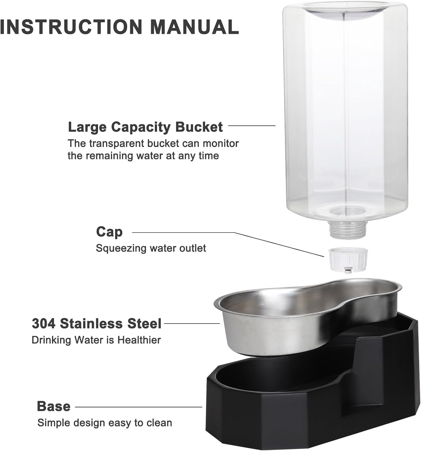 Black 8L Gravity Dog Water Dispenser - Fewer Refills for Multi-Pet Homes, No Power Needed, Spill-Proof, Easy Refill & Maintenance, with Stainless Steel Bowl, for Large Dogs, for Garage/Patio