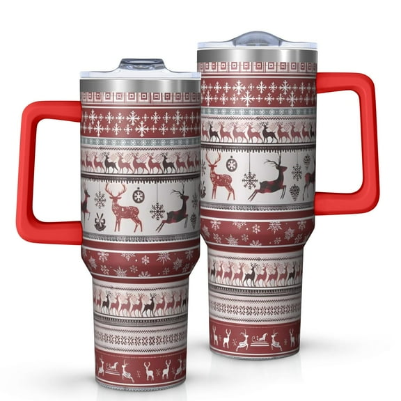 Red Christmas Deer and Snowflake Pattern Tumbler with Handle and Lid,40oz Double Wall Vacuum Insulated Tumbler,Cups Gift for Women and Men