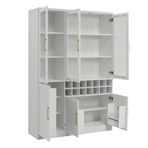 70.87" Tall Wine Bar Cabinet with Glass Doors, Modern Liquor Cabinet with Removable 14-Bottle Wine Rack & Built-in Door Shelves, High-Capacity Home Bar Storage Cabinet, White