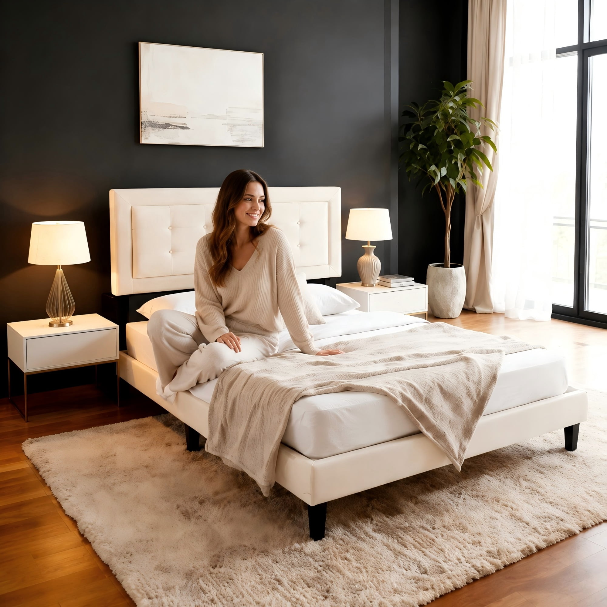 BSHTI Full Size Upholstered Platform Bed Frame with Square Tufted Headboard, Solid Wood Frame, 10 Wood Slats, No Box Spring Needed（Beige ）