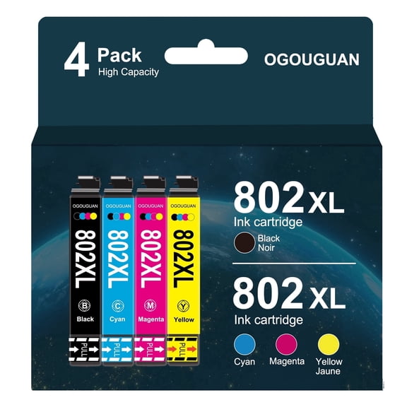 802 XL Ink Cartridges for Compatible Epson Ink 802XL T802XL T802 Combo Pack for Workforce Pro WF-4720 WF-4730 WF-4734 WF-4740 EC-4020 EC-4030 EC-4040 Printer (Black, Cyan, Magenta, Yellow)