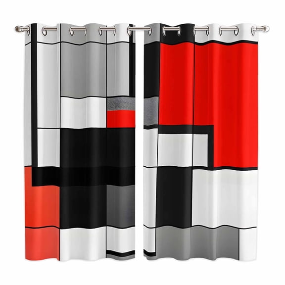 Black Red Geometric Kitchen Curtains 63 Inch Length, Red White Abstract Art Modern Grommet Top Bedroom Living Room Curtains, Light Filtering Cafe Curtain Drapes 2 Panels Set 84''x63''