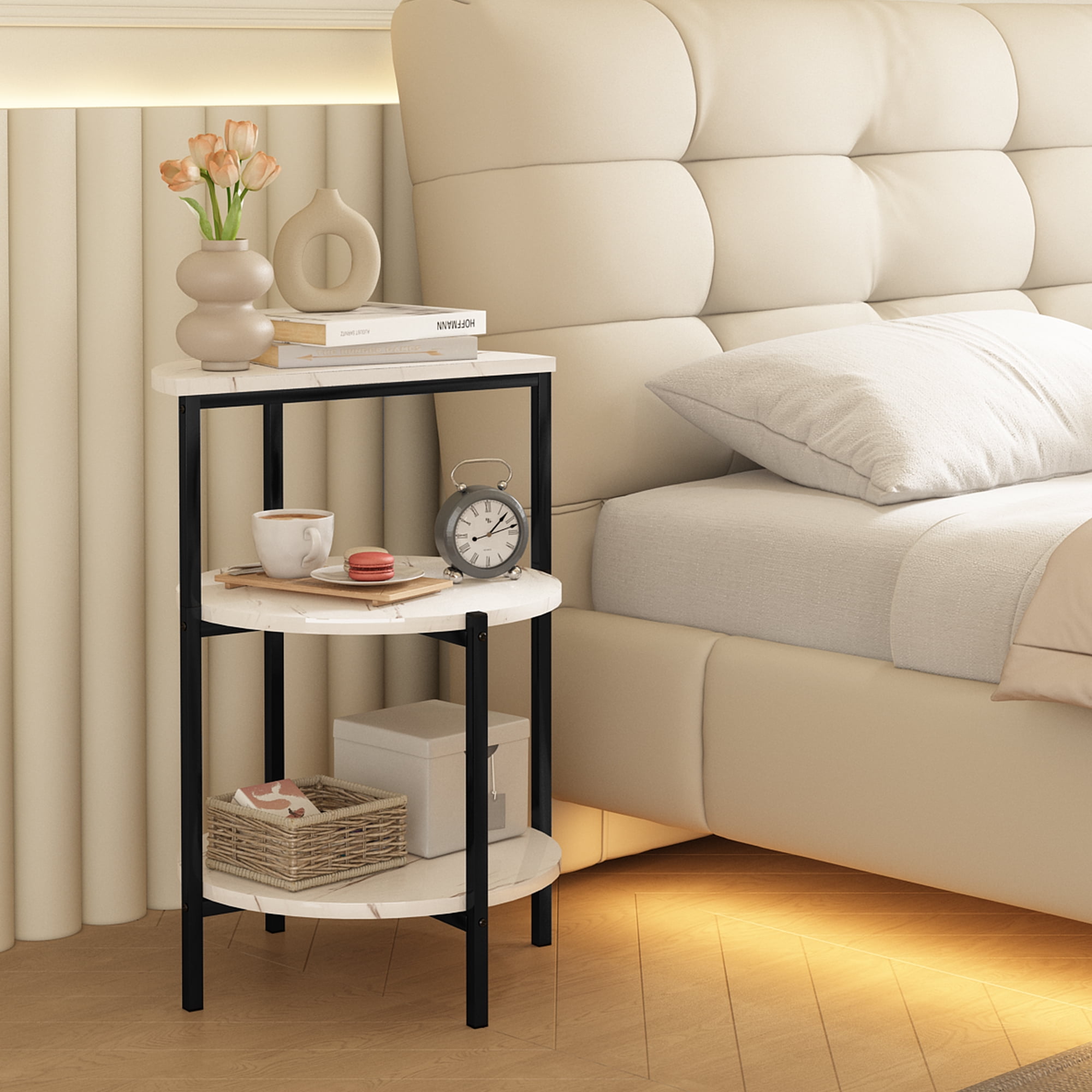 Baxluxe Marble Side Table Set with Storage Shelves, Set of 2 Round Faux Marble End Table, Metal Frame Small Accent Coffee Table Nightstand, 3 Legged Living Room Table for Small Space, White+Black