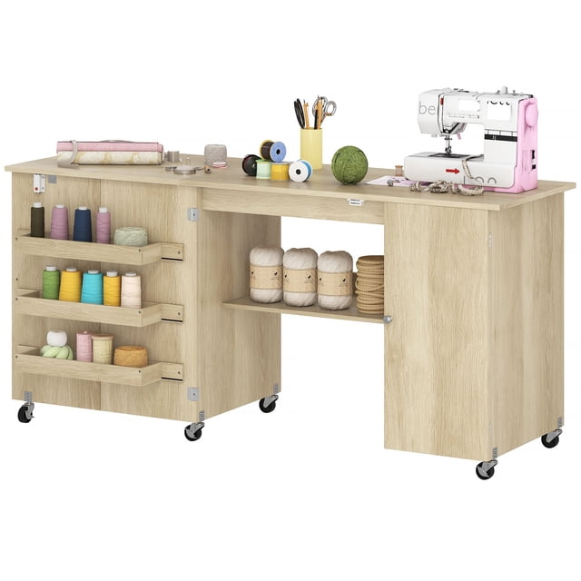 Folding Sewing Machine Table with Storage - Natural Wood Craft Table for Living Room, Bedroom & Small Spaces - Adjustable Shelf, 2 Doors, Mobile Design