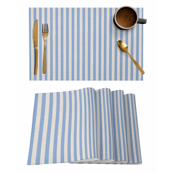 Placemats Set of 6, Blue Striped Woven Placemat, Linen Place Mats for Kitchen/Dining Tables, Modern Simple Farmhouse Beige Vintage Washable Table Mats for Party