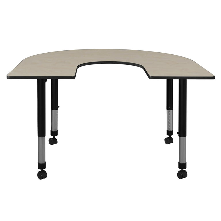 66 x 60 Horseshoe Shaped Height Adjustable Mobile Classroom Table- Maple