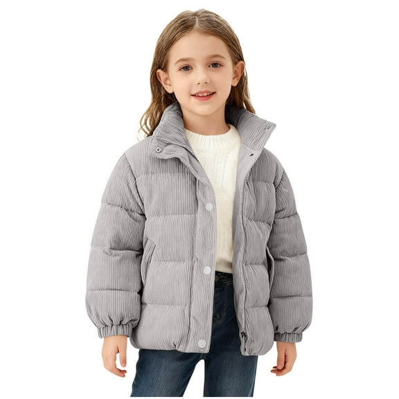 SuTry Girls Corduroy Jacket Stand Collar Pockets Front Zipper Thickened Warm Fall Winter Casual Long Sleeve Outerwear Coat for Kids 1-7 Years (Gray,1-2 Years)