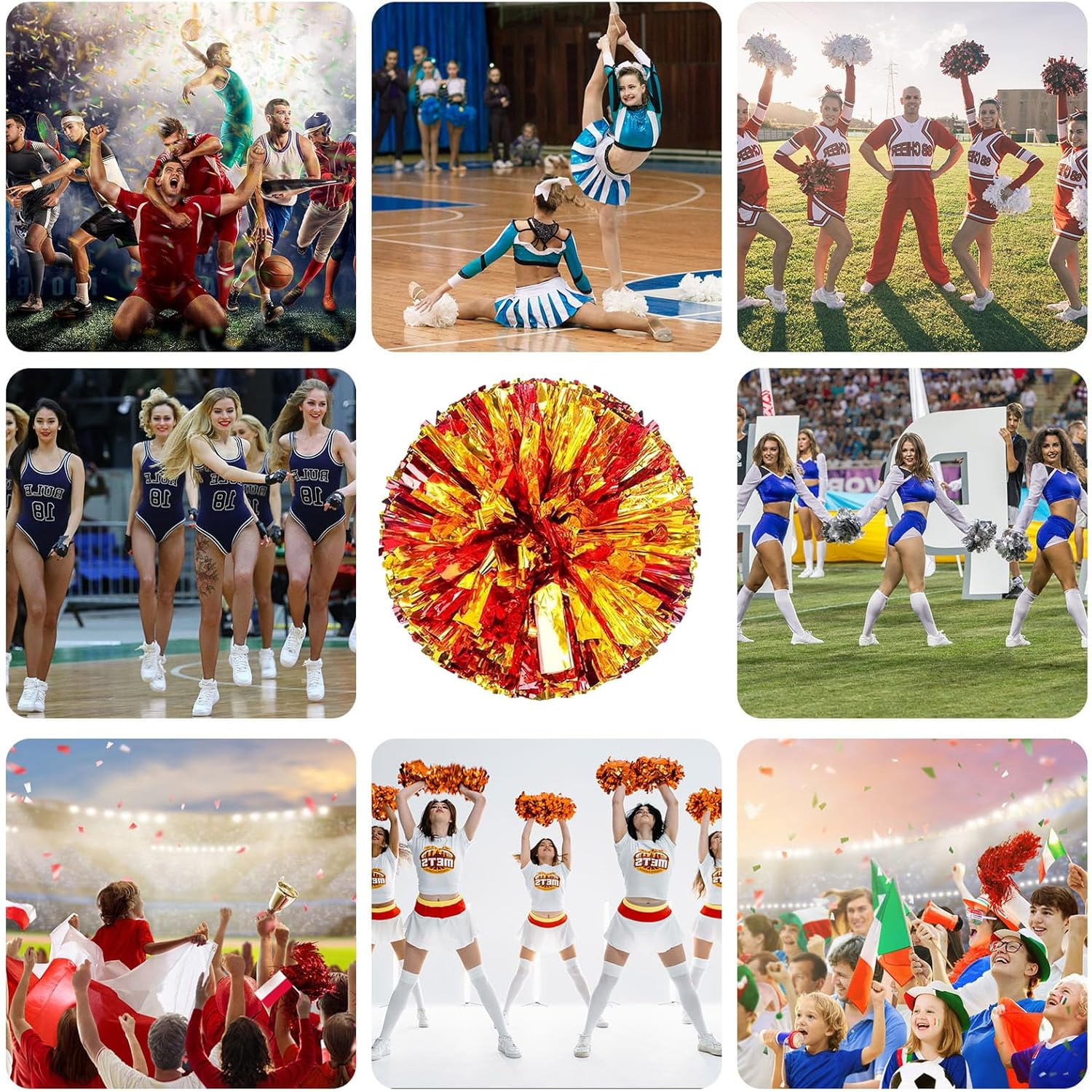 Cheerleader Pom Poms 12 Pack Sports Dance Cheering Plastic Metallic Cheerleading Pom Poms for Kids Adults