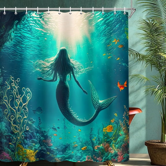 Mermaid Shower Curtains Tropical Fish Mysterious Sea Animals Blue Ocean Coral Nautical Underwater World Coastal Bathroom Decor with Hooks,72"x72"