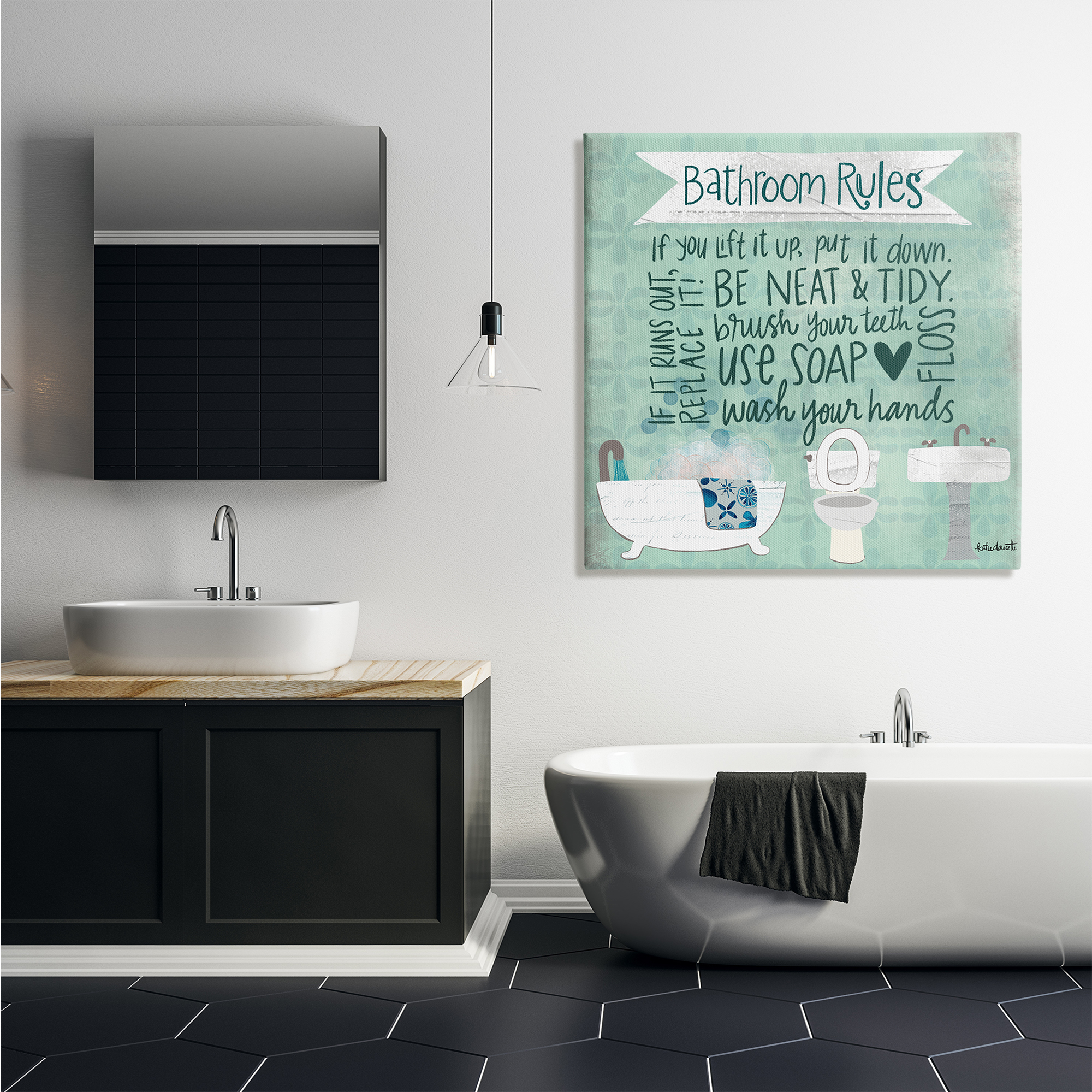 Stupell Industries Aqua Blue Bathroom Rules Collage Look Typography, 36 x 36,Design by Katie Doucette
