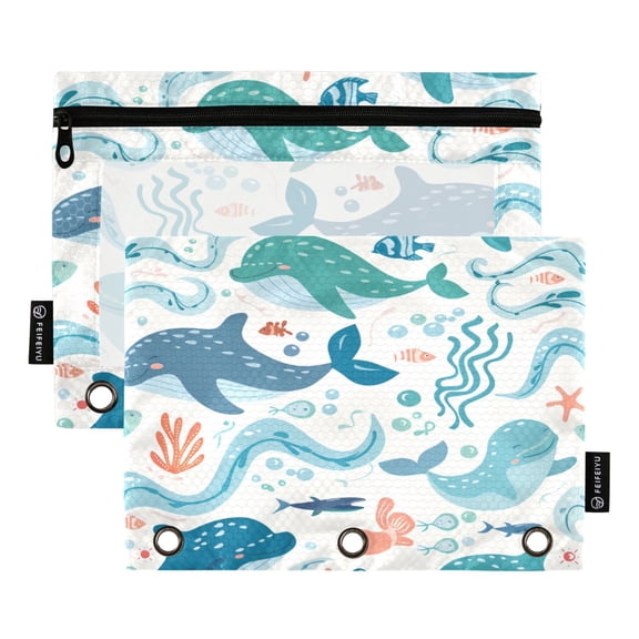 2 Pack Pencil Bag 9.84x6.1 Inch 3-Ring Page Turning Folder Zipper Pencil Case Pencil Bag Page Turning File BagCute Whale
