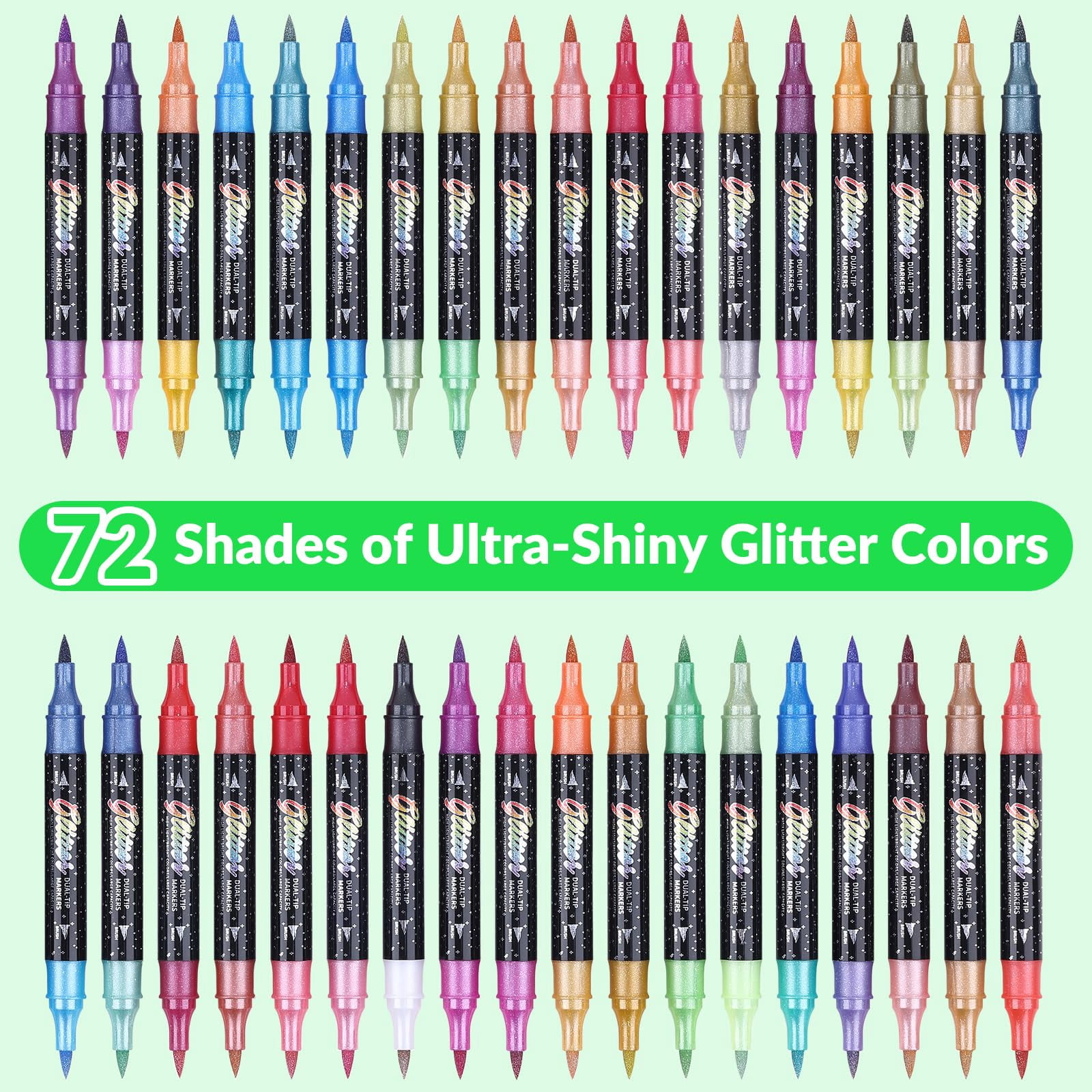 Glitter Effect Brush Markers Pens, Dual Tip Metallic Sparkle Markers Set with 1-6mm Brush Tip, 36 Unique Glitter Colors, Safe Water-Based Ink, for Card Making, DIY Crafts, Doodle