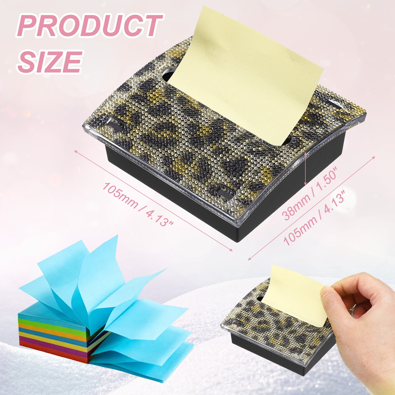 Stick Note Pad Holders, 4 x 4 Inches Rhinestone Sticky Note Dispenser Memo Pad Holder Office Desk Organizer Supplies for Office Home Desk Organization, Leopard