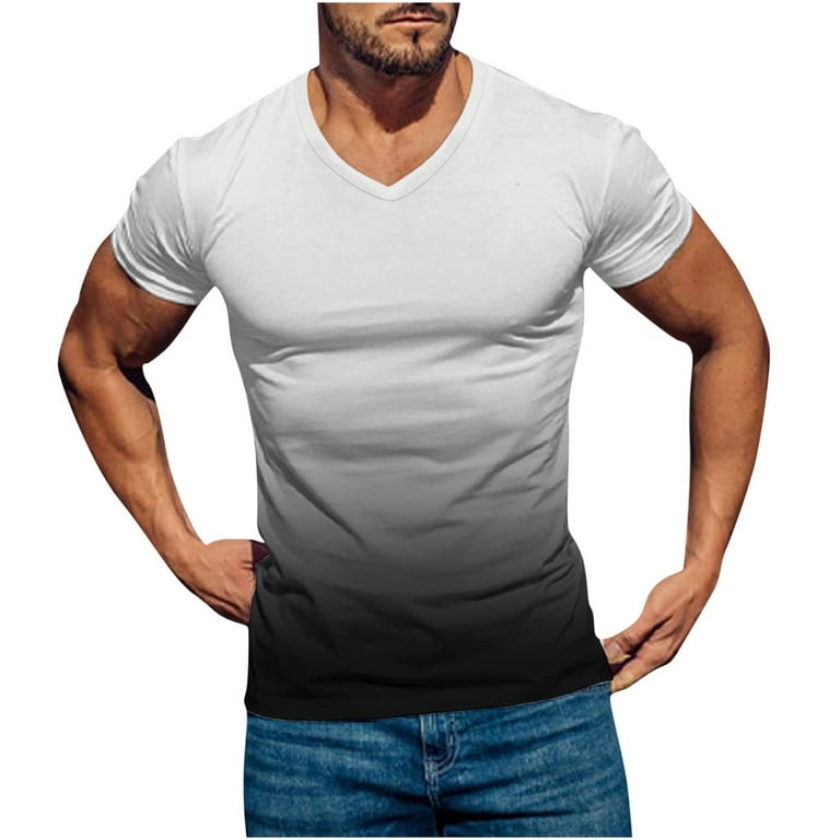 RYRJJ On Clearance Men's Muscle Workout Athletic V Neck T-Shirt  Bodybuilding Fashion Gradient Color Short Sleeve Slim Fit Tee Top White L 