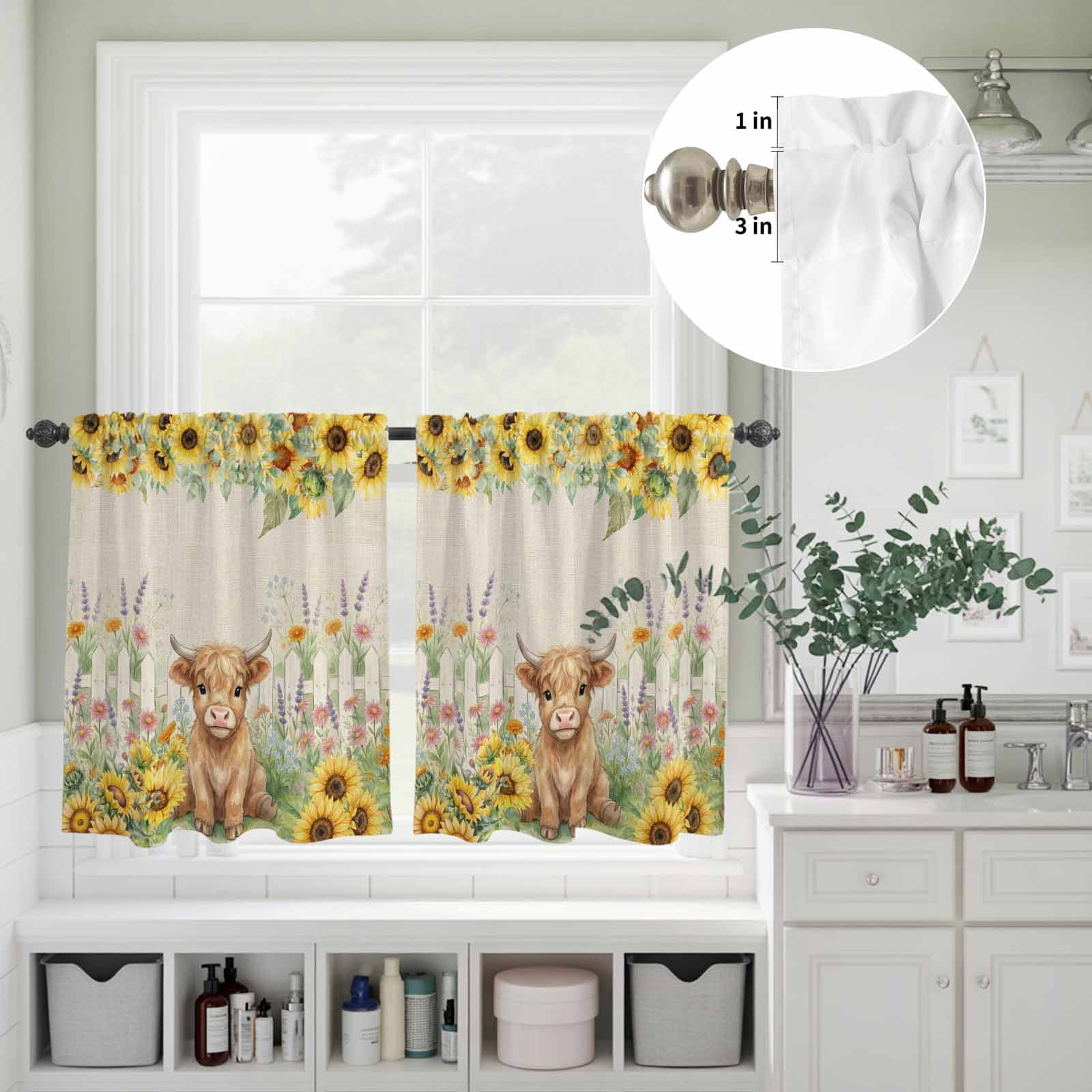 Farm Highland Cattle Kitchen Curtains Valance and Tier Set Farmhouse Sunflower Cow Fence Linen Texture Rod Pocket Short Curtains for Small Window 3 Pieces Set for Bedroom Cafe (54" x 18"+27" x 24")