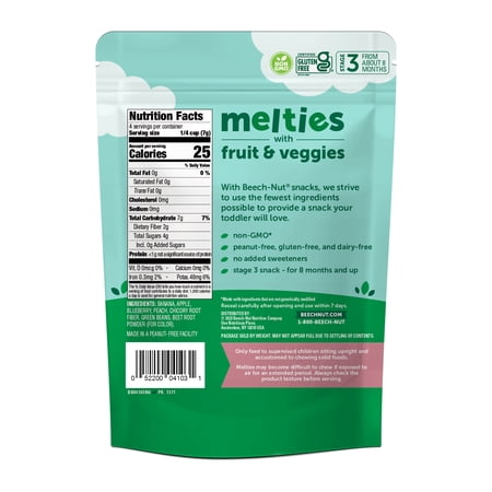 BEECH-NUT MELTIES BANANA BLUEBERRY & GREEN BEAN MELTS BABY & TODDLER SNACK, 1 OZ BAG