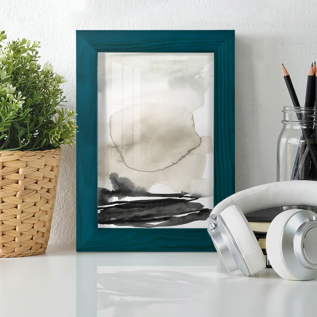 Ebony Horizon Triptych II - Framed Print w/glass - Ocean Blue