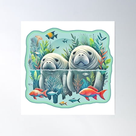 Manatee Fish Scene T Shirt Poster Wall Art, Modern Wall Decor For Living Room Bedroom, 17x17 UNFRAMED