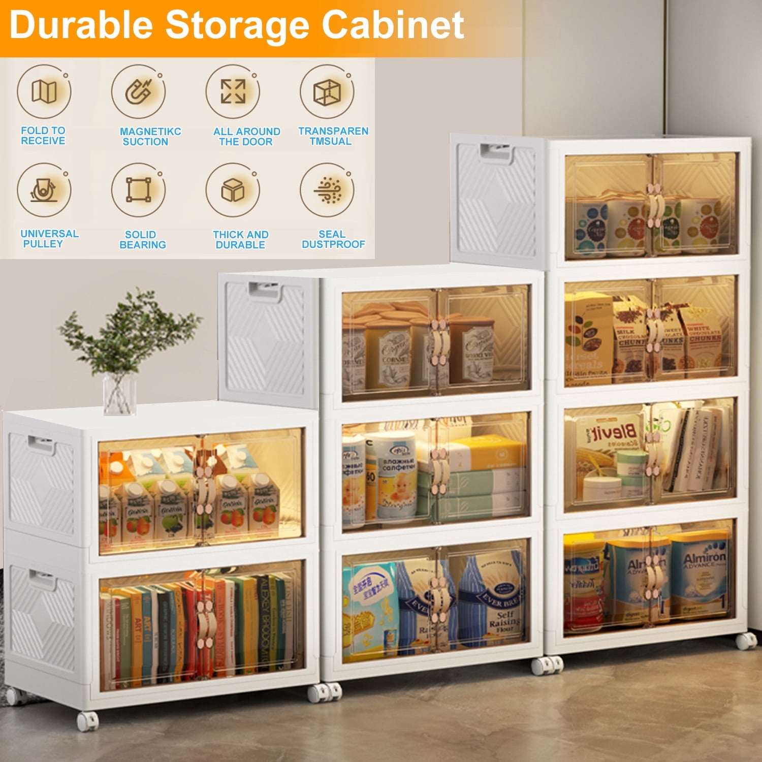 Storage Bins with Lids- 4 Tier Folding Storage box with Doors and Wheels, Collapsible Plastic Storage Bins for Closets, Stackable Storage Organizer, Storage Containers for Closet, White