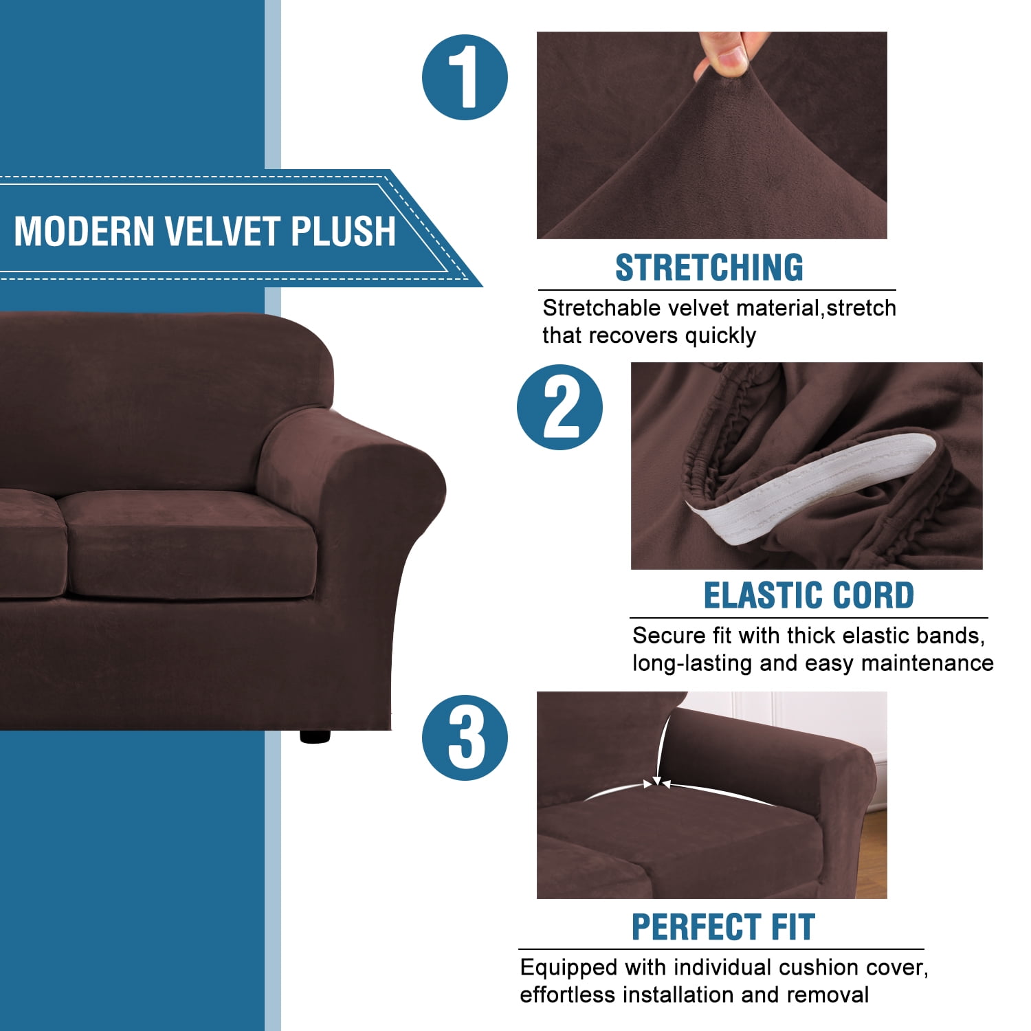 CJC 2-Piece Sofa Couch Covers, Velvet Armchair Slipcover for Separate Cushion Couch, Stretch Furniture Protector for Pets Kids, 9 Colors