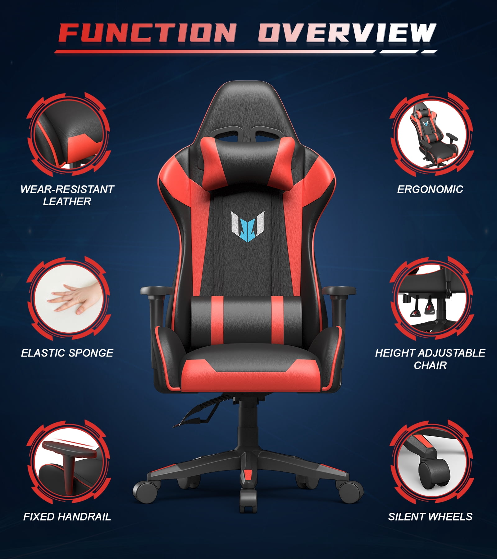 Bigzzia Gaming Chair Pu Leather Office Chair with Ergonomic Lumbar Pillow, Reclining Racing Game Chair Backrest and Seat Height Adjustable Swivel Recliner,Esports Chair with Headrest