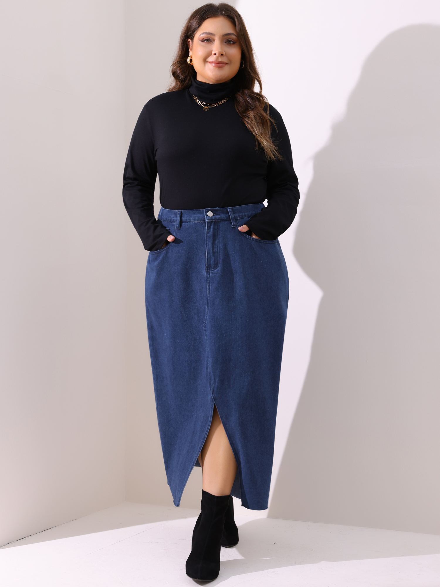 DARING DIVA Women's Plus Denim Maxi Skirt with Frayed Raw Hem 4X Dark Blue