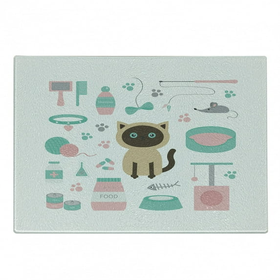 Cat Lover Cutting Board, Cartoon Style Surprised Looking Siamese Among Pastel Colored Cat Related Items, Decorative Tempered Glass Cutting and Serving Board, Small Size, Multicolor, by Ambesonne