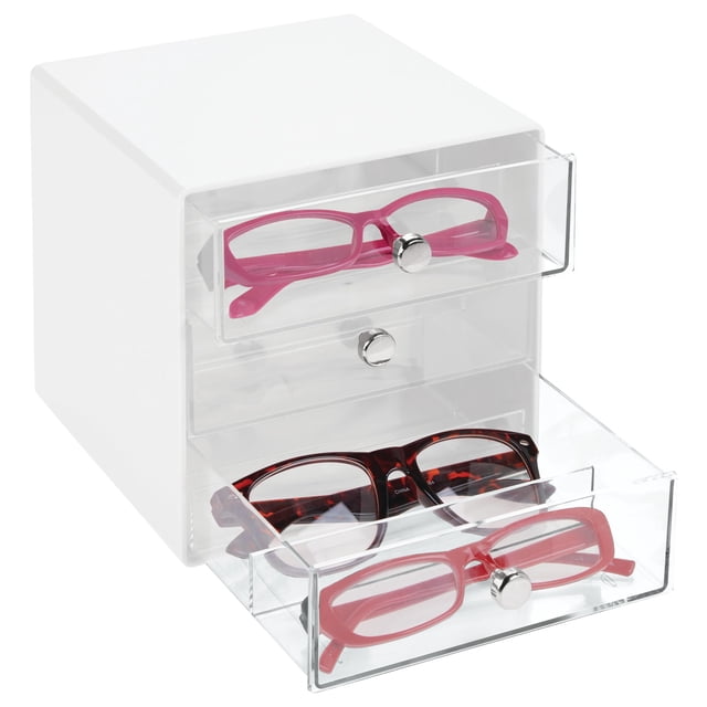 Organizador iDesign de 3 cajones divididos para anteojos, blanco y transparente