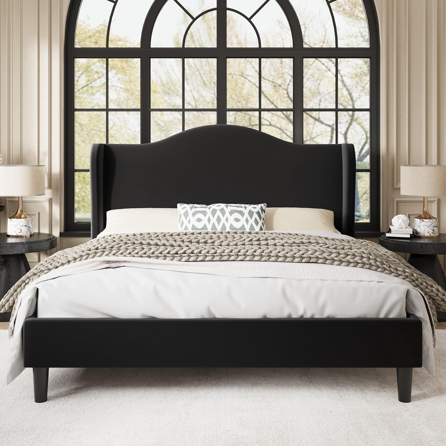 Allewie Queen Size Bed Frame, Upholstered Wingback Platform with 47" Tall Tufted Headboard, Plush Velvet Fabric, Modern Minimalist Design, No Box Spring Required, Tool-Free Assembly, Black