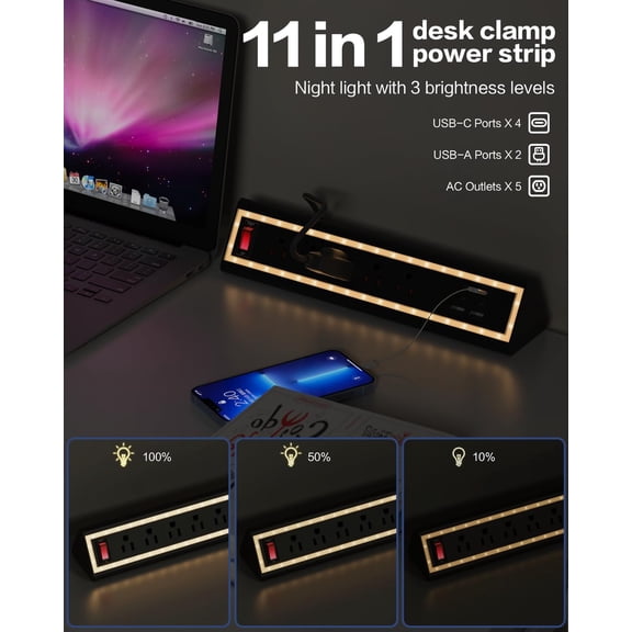 Desk Clamp Power Strip with Nightlight, 40W Fast Charging, 10FT Extension Cord, 4x20W USB-C & 2 USB Ports, 5 AC Outlets, Fits 1.-Inch Table Edges