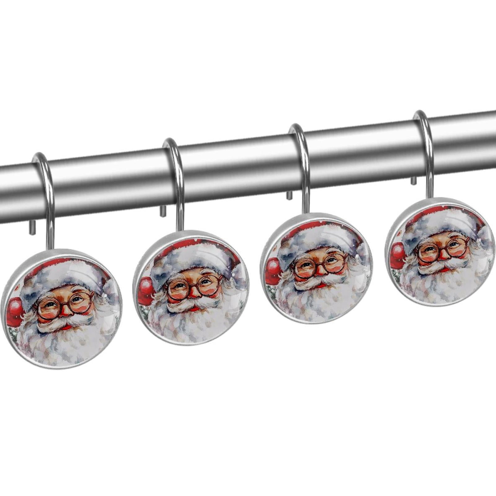 Vintage Christmas Santa Claus Shower Curtain Hooks Round Crystal Glass, Set of 12 Shower Curtain Rings - Shower Hooks for Curtain Shower Rings