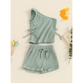 thumbnail image 6 of Douhoow Toddler Girls Summer Outfits Solid Color Oblique Shoulder Drawstring Ribbed Tank Tops Shorts Kid 2Pcs Set, 6 of 9