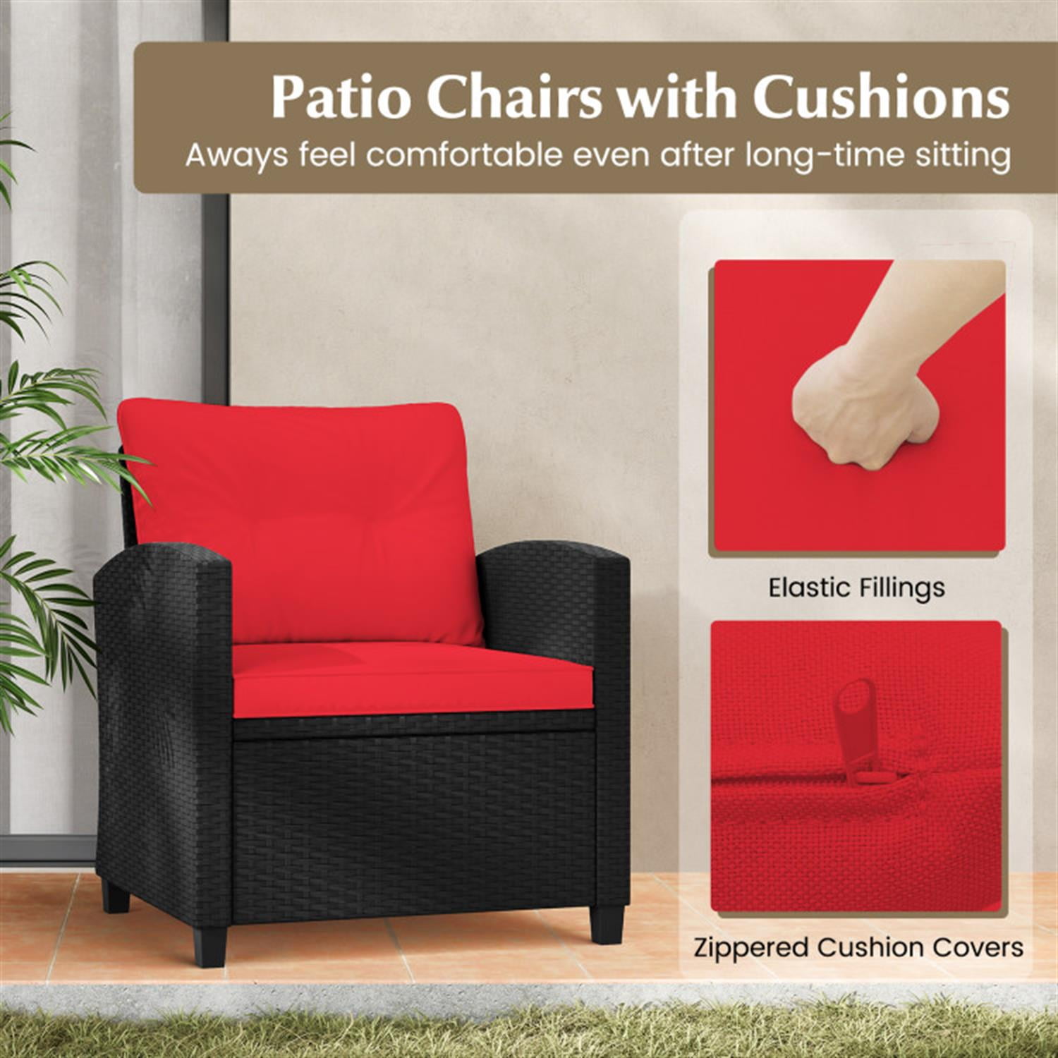 Demi Bonn 3 Pieces Rattan Patio Furniture Set with Washable Cushion, Conversation Armchairs for Garden Poolside Balcony, Red