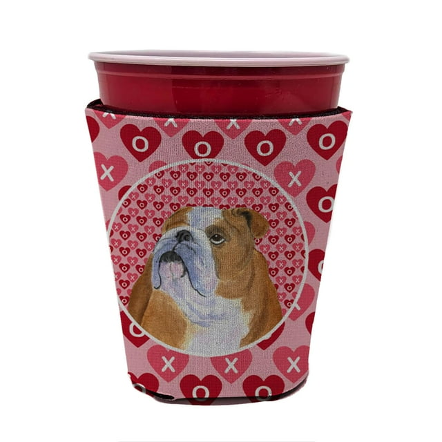 Caroline'S Treasures Ss4491Rsc Bulldog English Hearts Love Valentine'S Day Red Cup Hugger Cup Cooler Sleeve Hugger Lavable a máquina Funda para bebidas Hugger Aislante plegable Soporte aislado para be